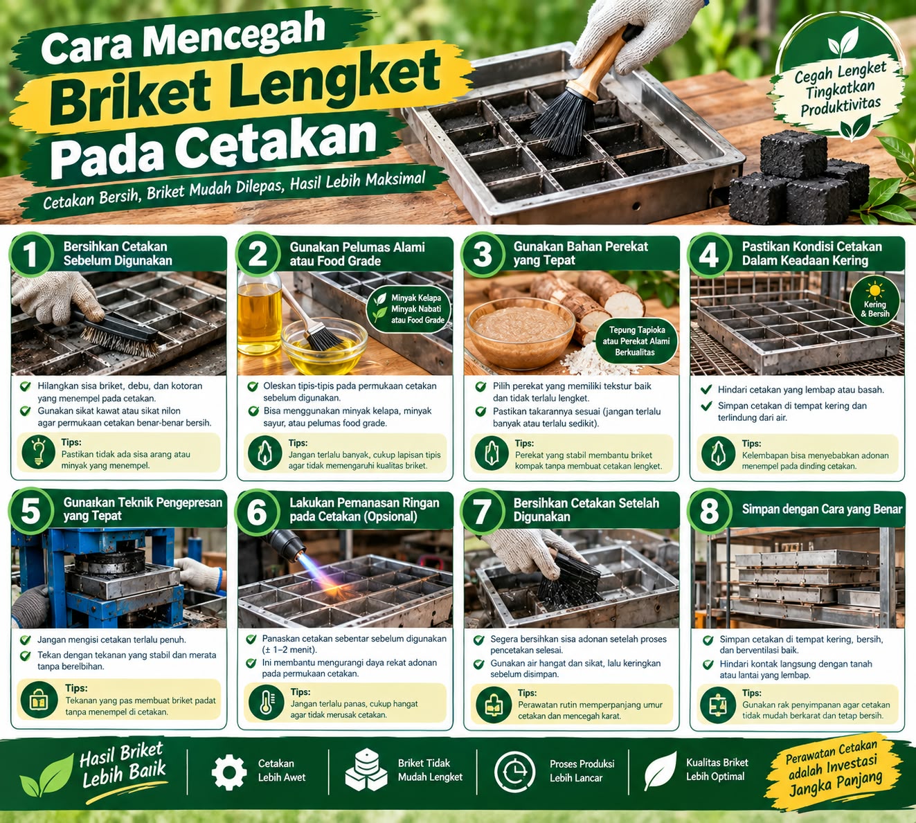 cara mencegah briket lengket pada cetakan